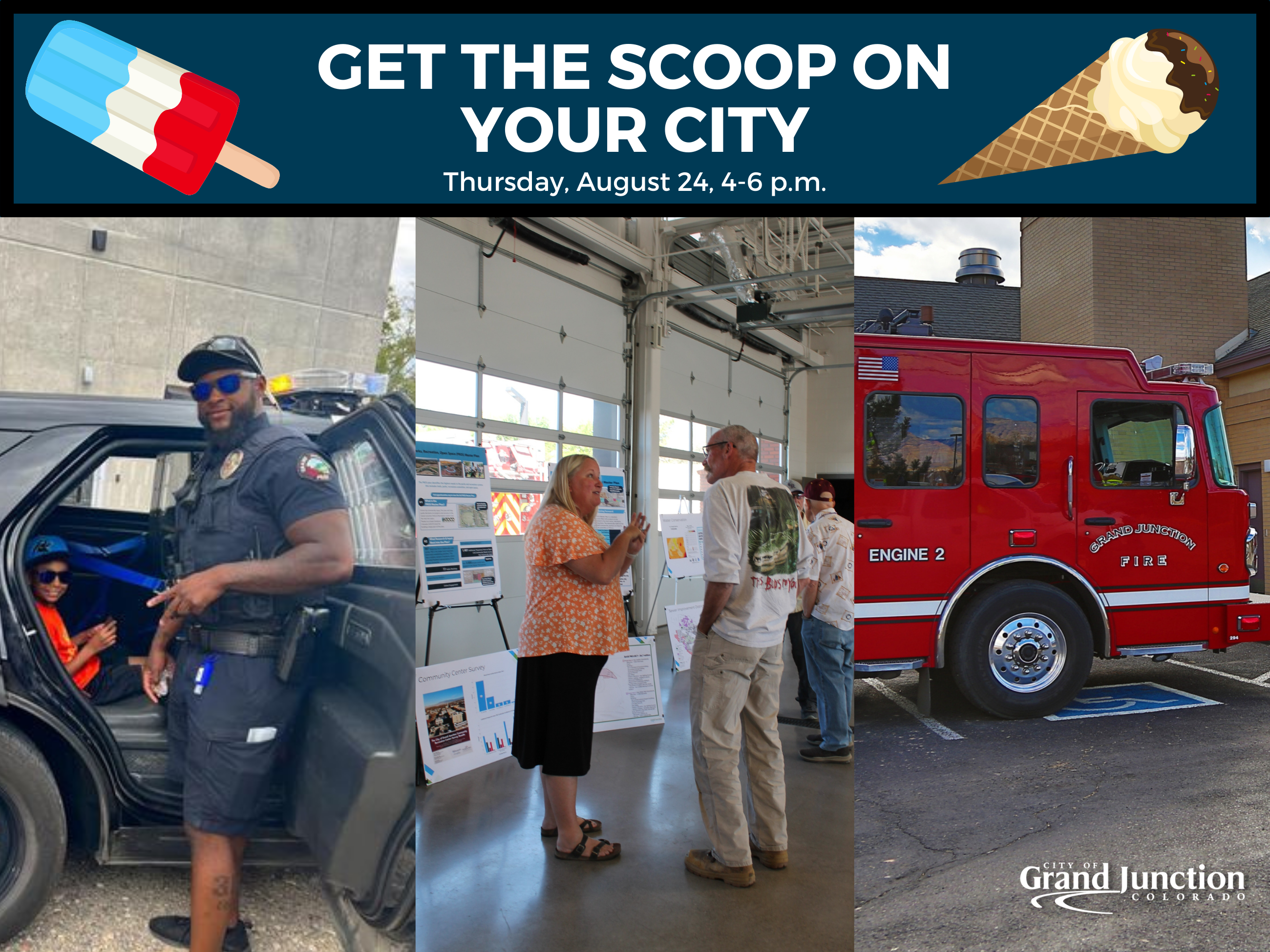 Three images of City Staff including Police Officer. Text on graphic. 