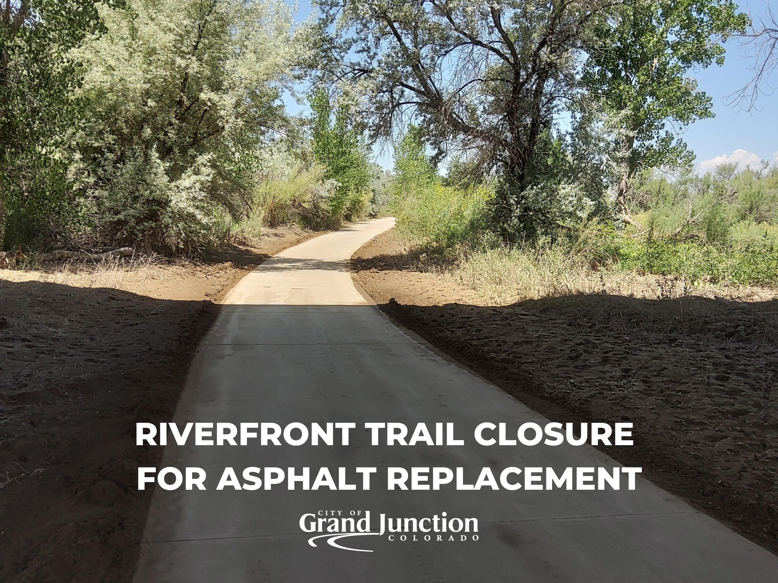 Trail leading into tree covered area. Text on graphic. 