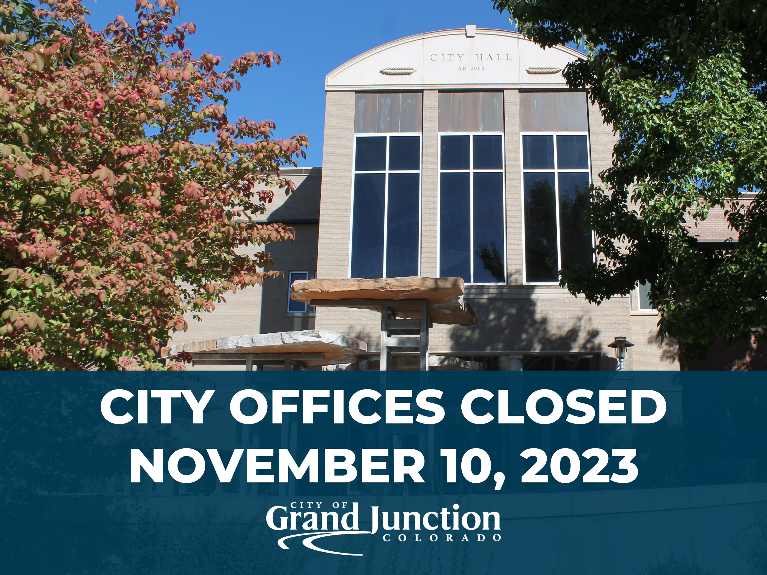 Building with trees surrounding. Text on graphic.  