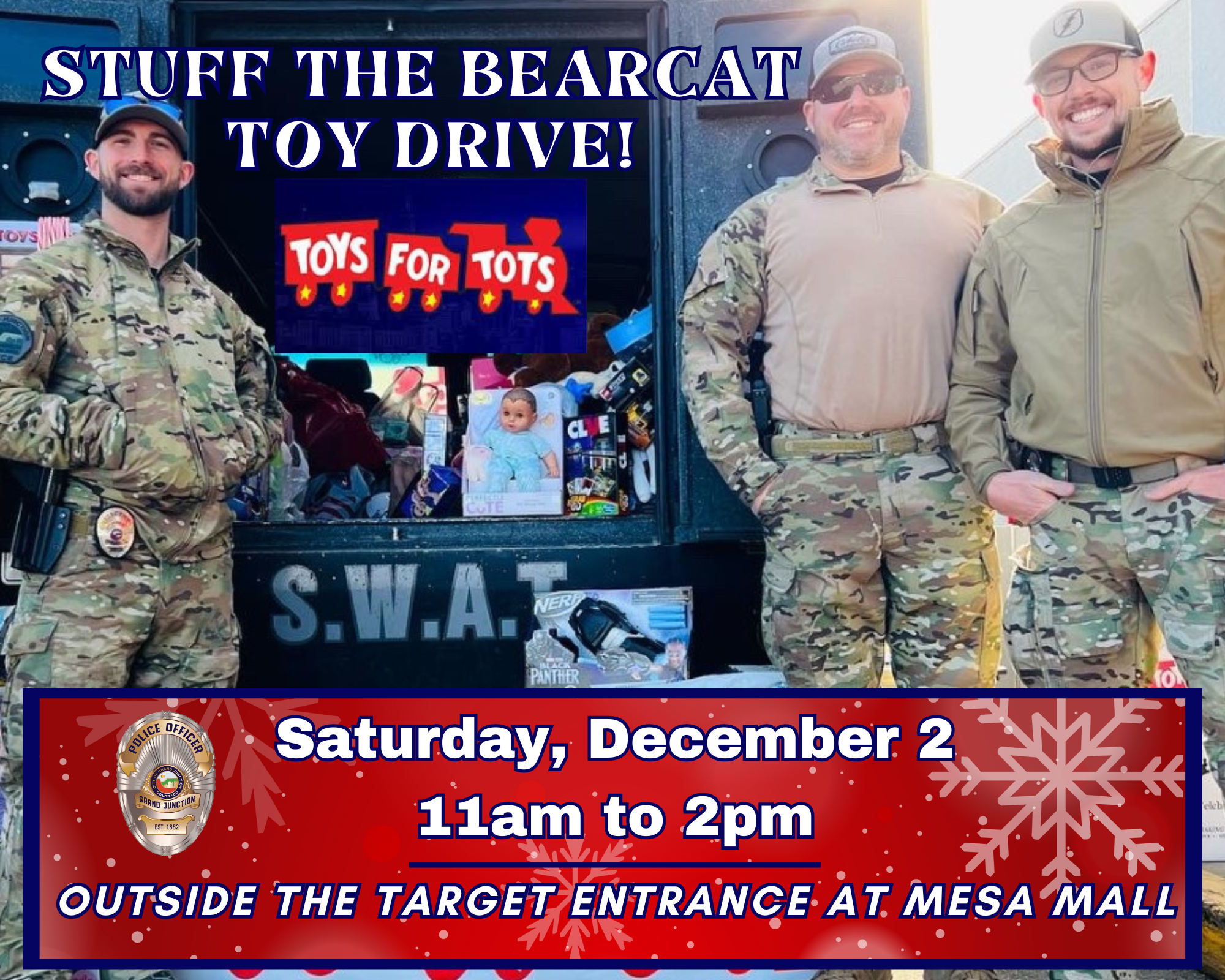 GJPD SWAT Operators. Stuff the Bearcat Toys for Tots Toy Drive, Saturday, December 2, 2023.