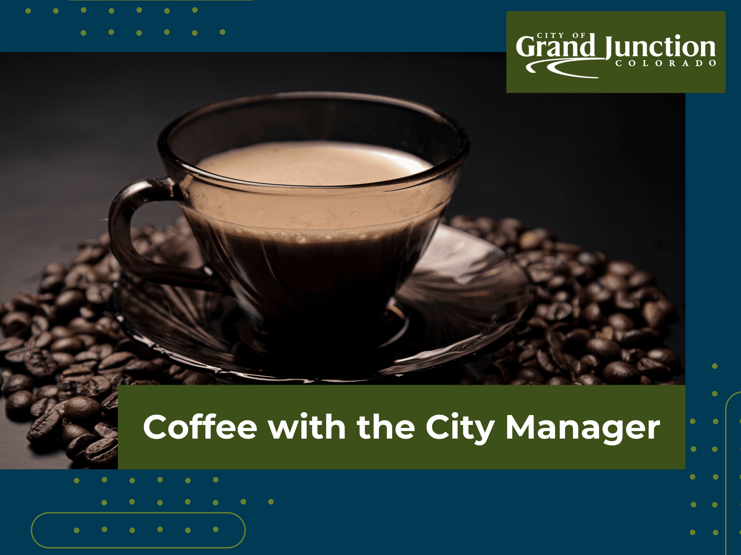 Coffee cup on top of coffee beans. The City logo is also is included. 