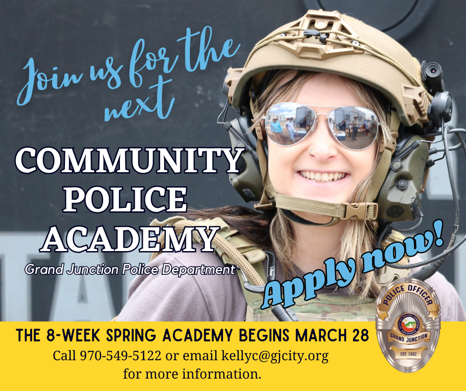 Flyer with female in SWAT helmet in sunglasses. Apply now for Community Police Academy.