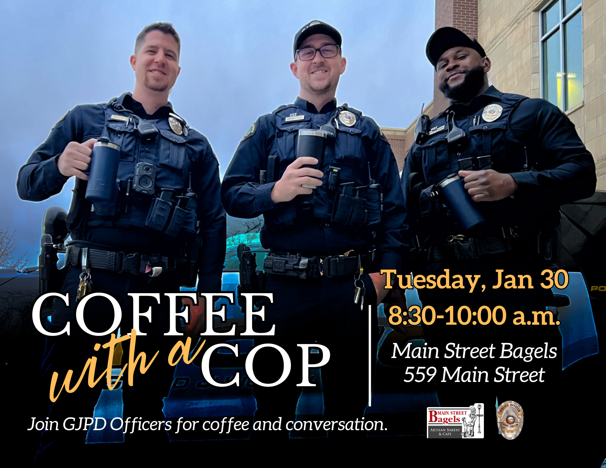Three GJPD officers holding coffee cups for Coffee with a Cop event.