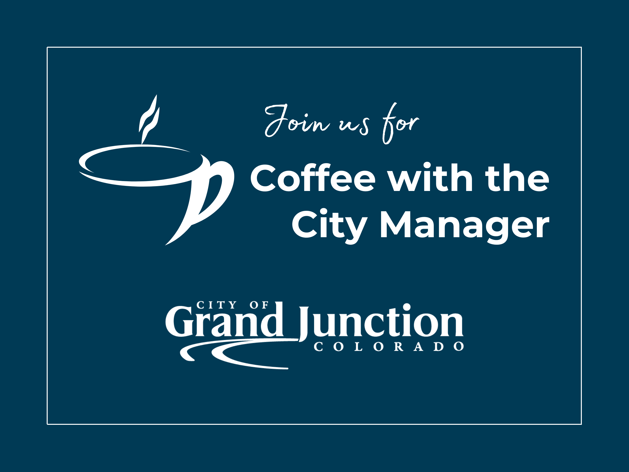 Title of event with a white cup on the left side and the City logo