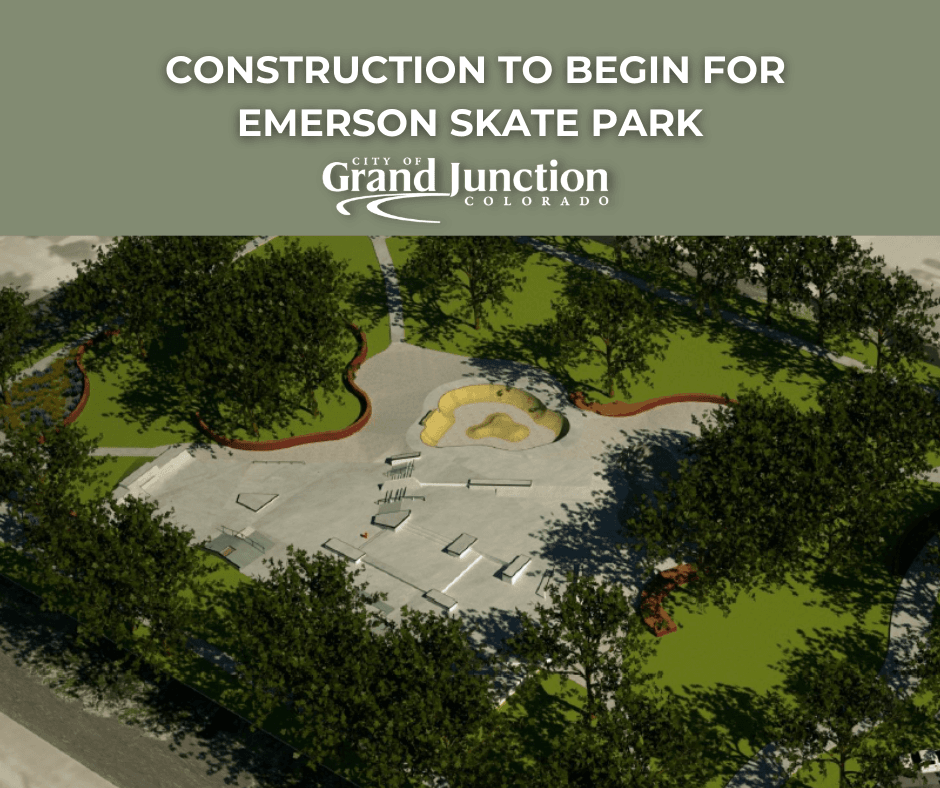 Rendering of design for new skate park. Trees surrounding the skate park. Text on graphic.