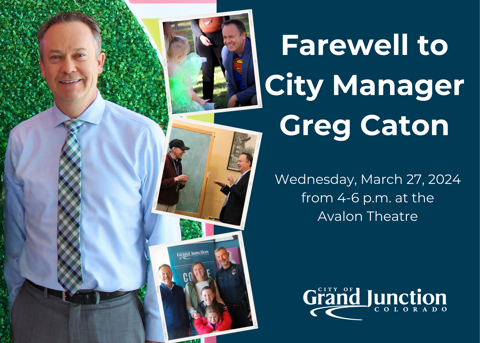 Multiple photos of city events with text on the graphic. 