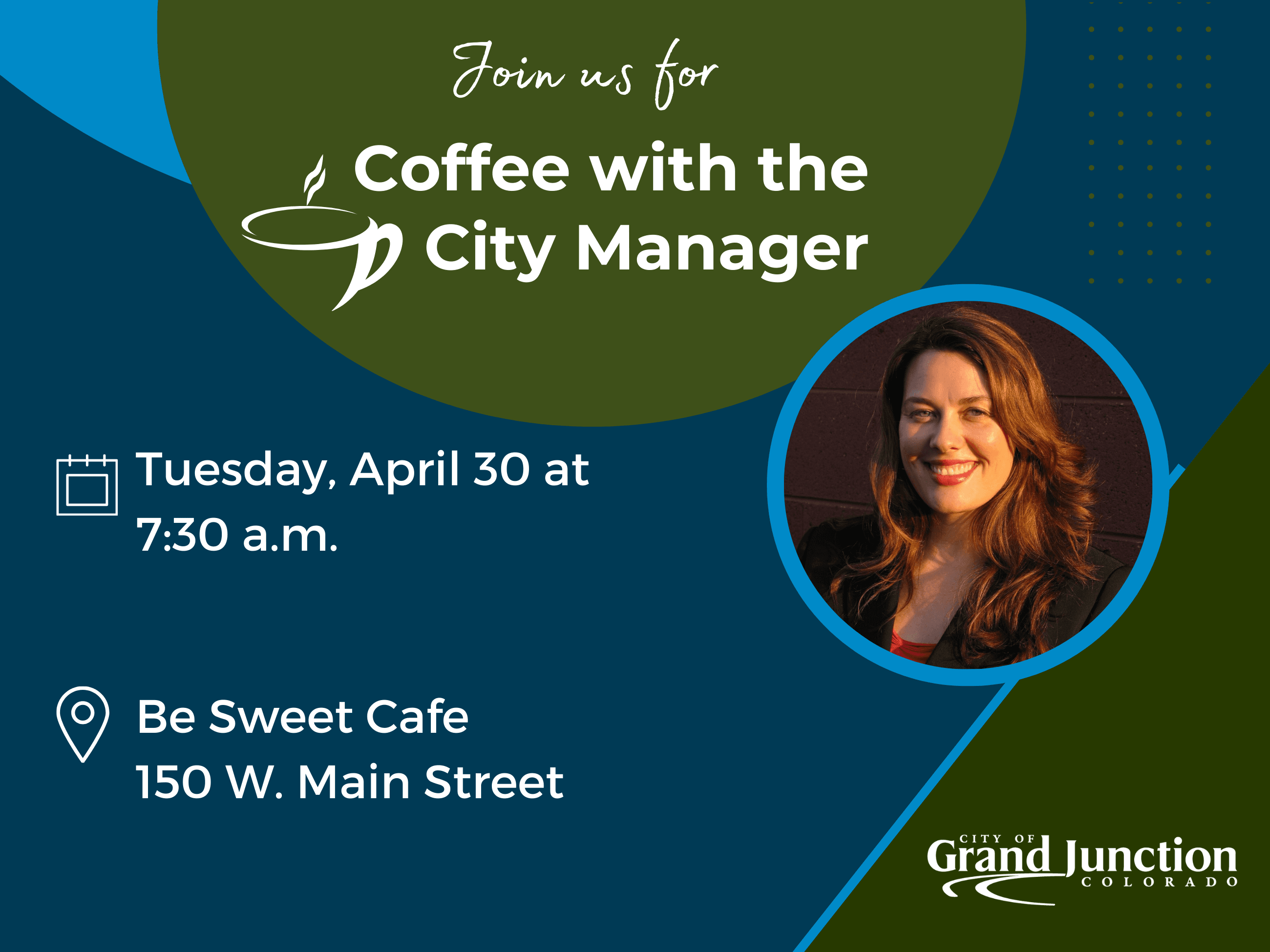 A blue and green background with a photo of a woman. Text on graphic.