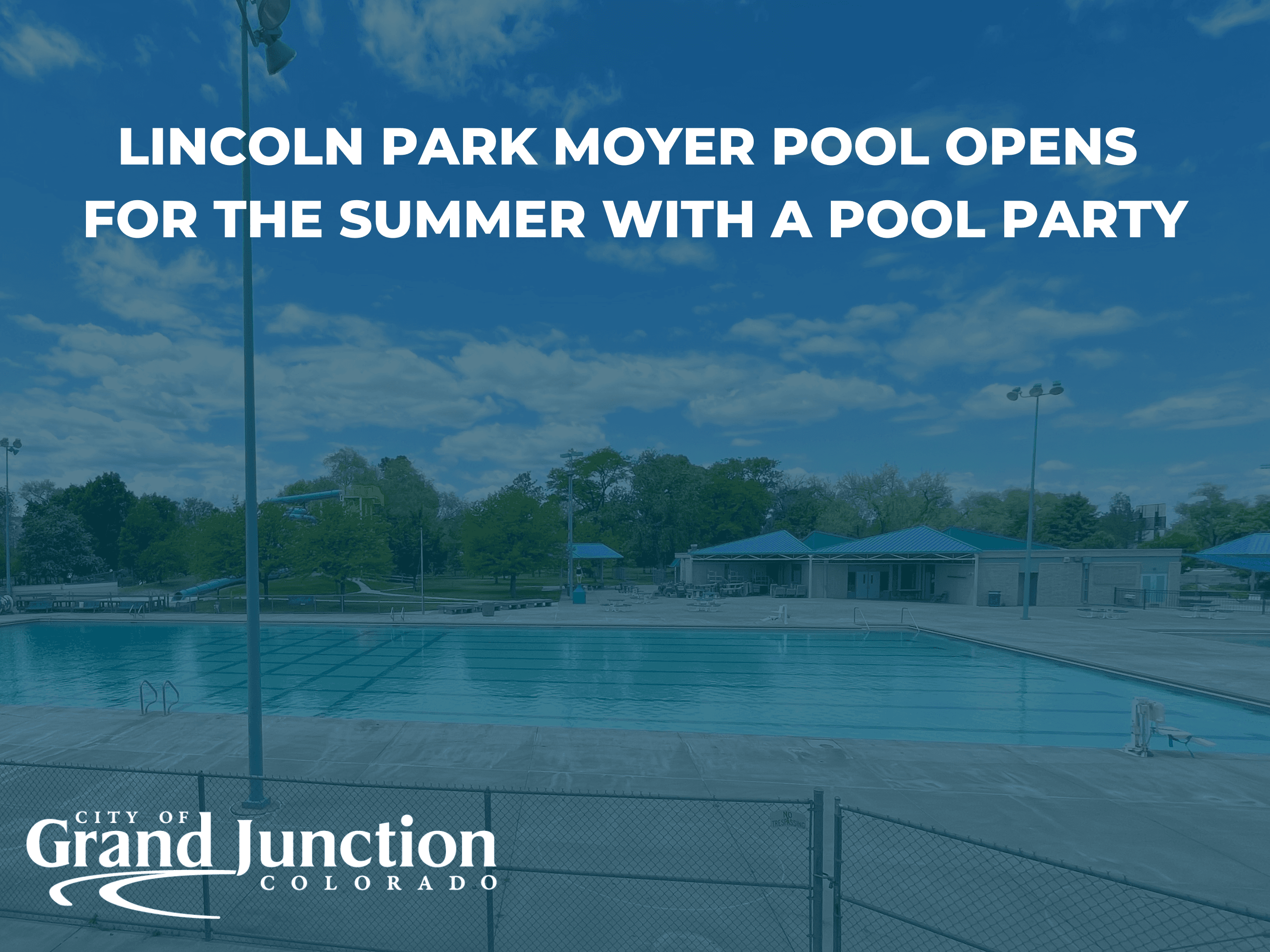 A pool with trees surrounding it. Text on graphic. 