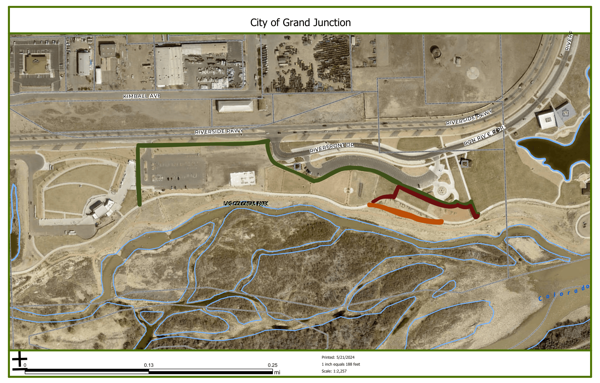 A map of upcoming detours for a section of the Riverfront Trail. 