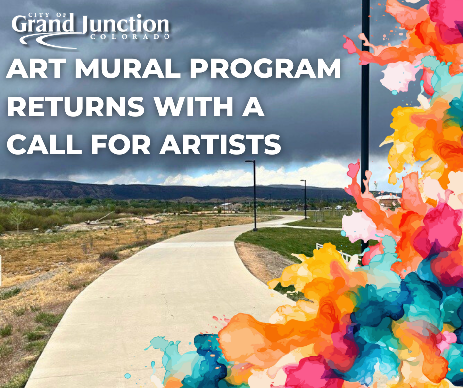 A concrete trail walkway with trees and stormy background. Text on graphic. 