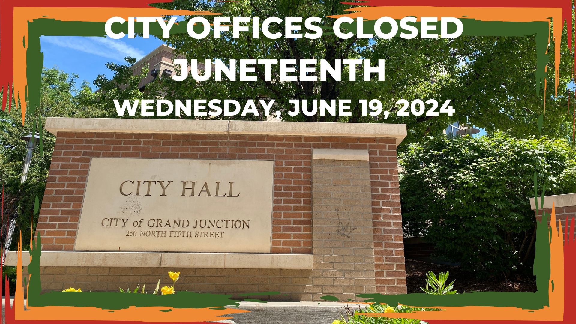 City Hall sign with a border around the graphic. Text on the graphic. 