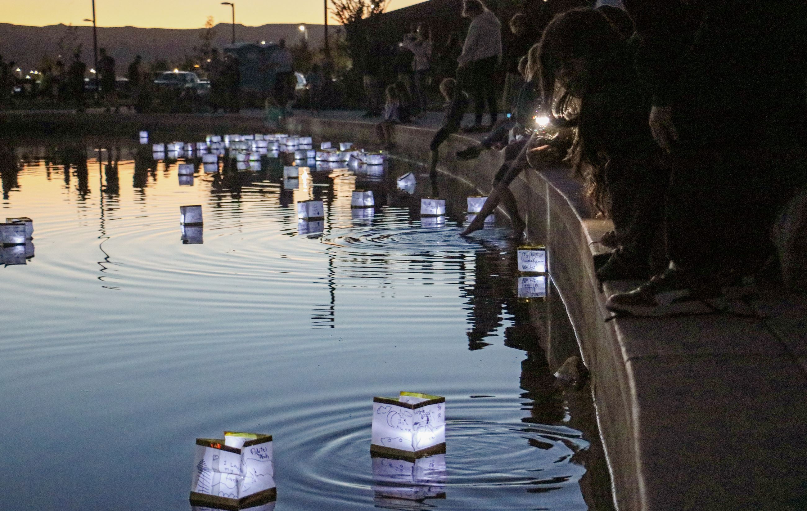 Hand decorated lanterns on butterfly pond