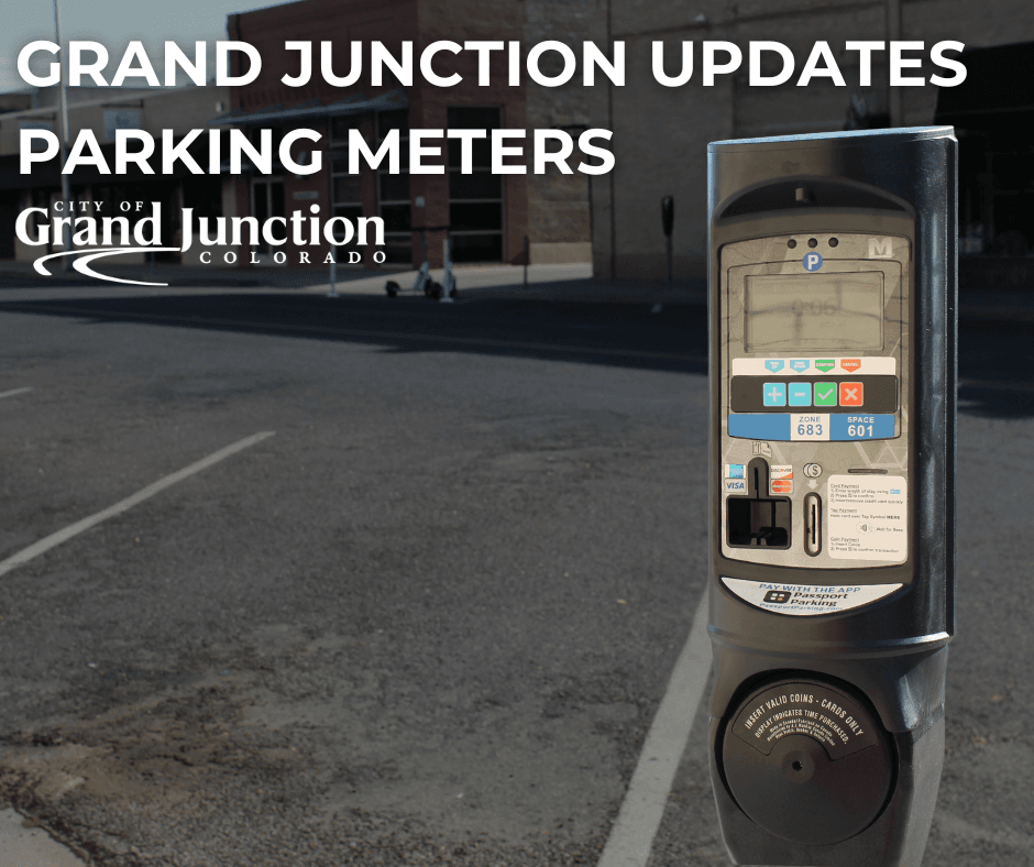 A parking meter with a building in the background. Text on graphic.
