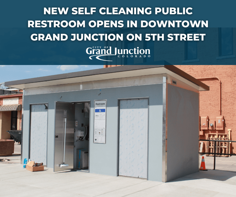 Self cleaning restroom building. Text on graphic. 