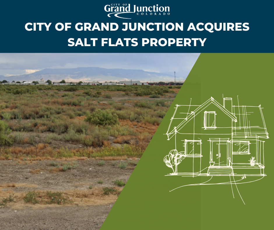 Eye level view of land in Grand Junction, text on graphic