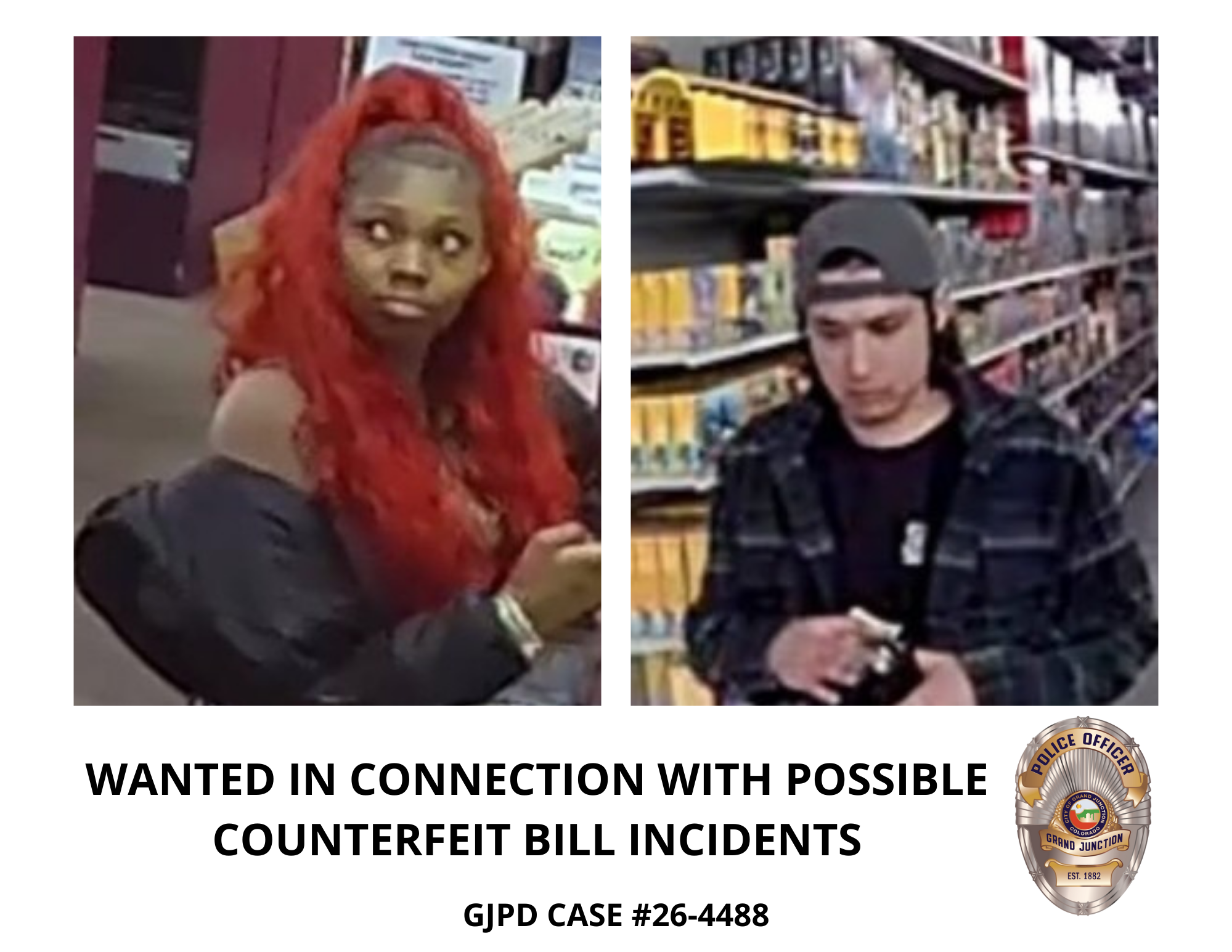 Photo of a woman and man in connection with counterfeit bill incidents