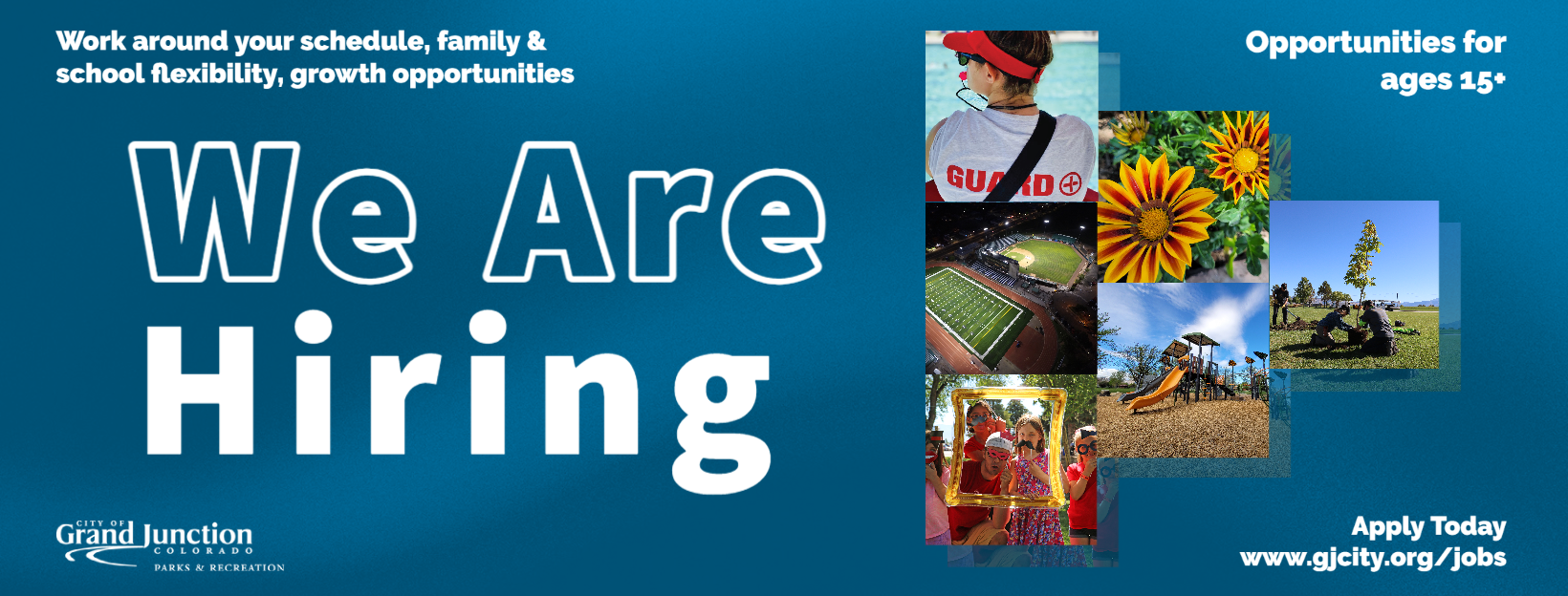 Banner flyer with text saying, "we are hiring" and images of a lifeguard, flowers, kids, and m