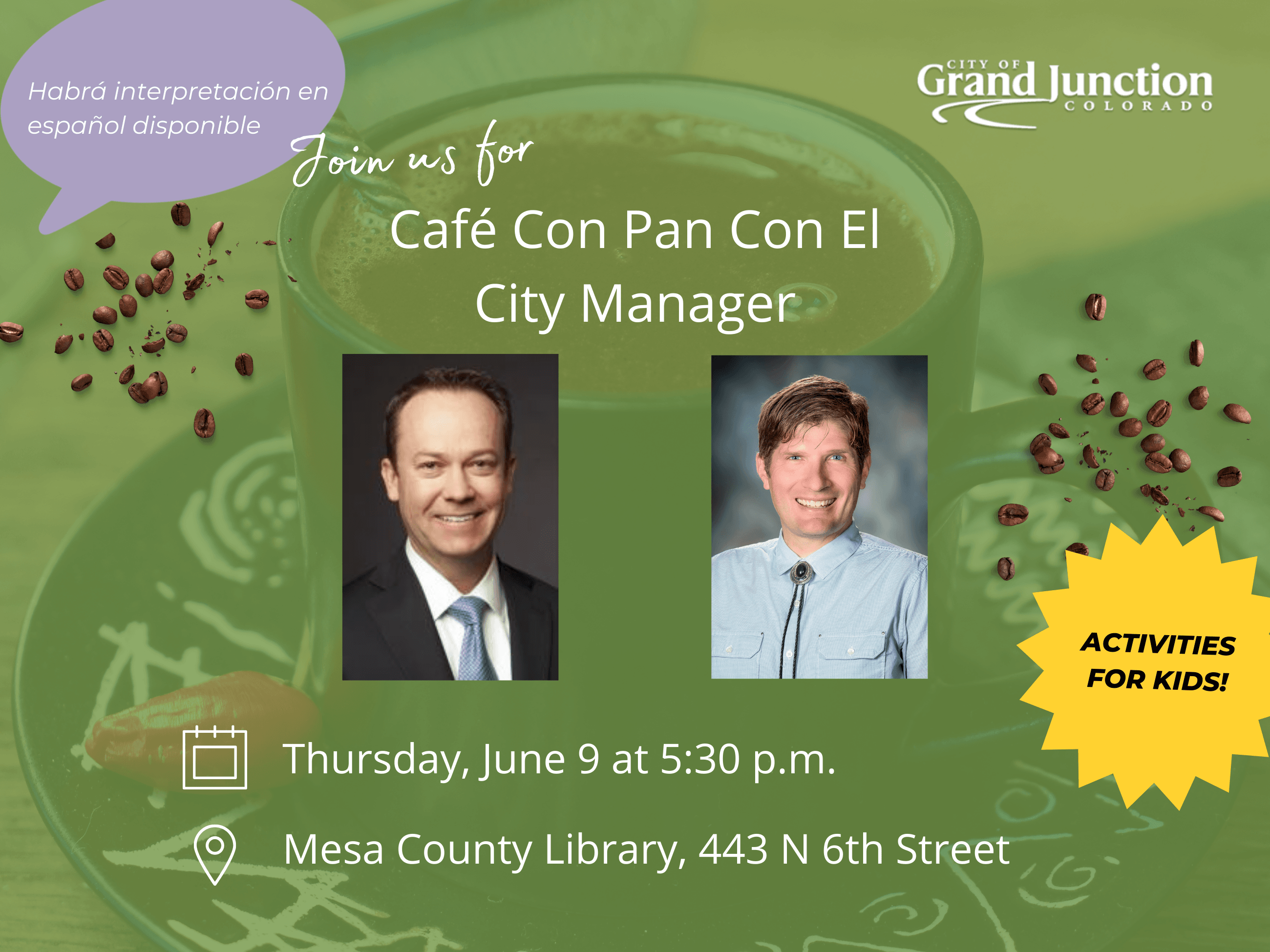 green background with two men's portraits and information on event