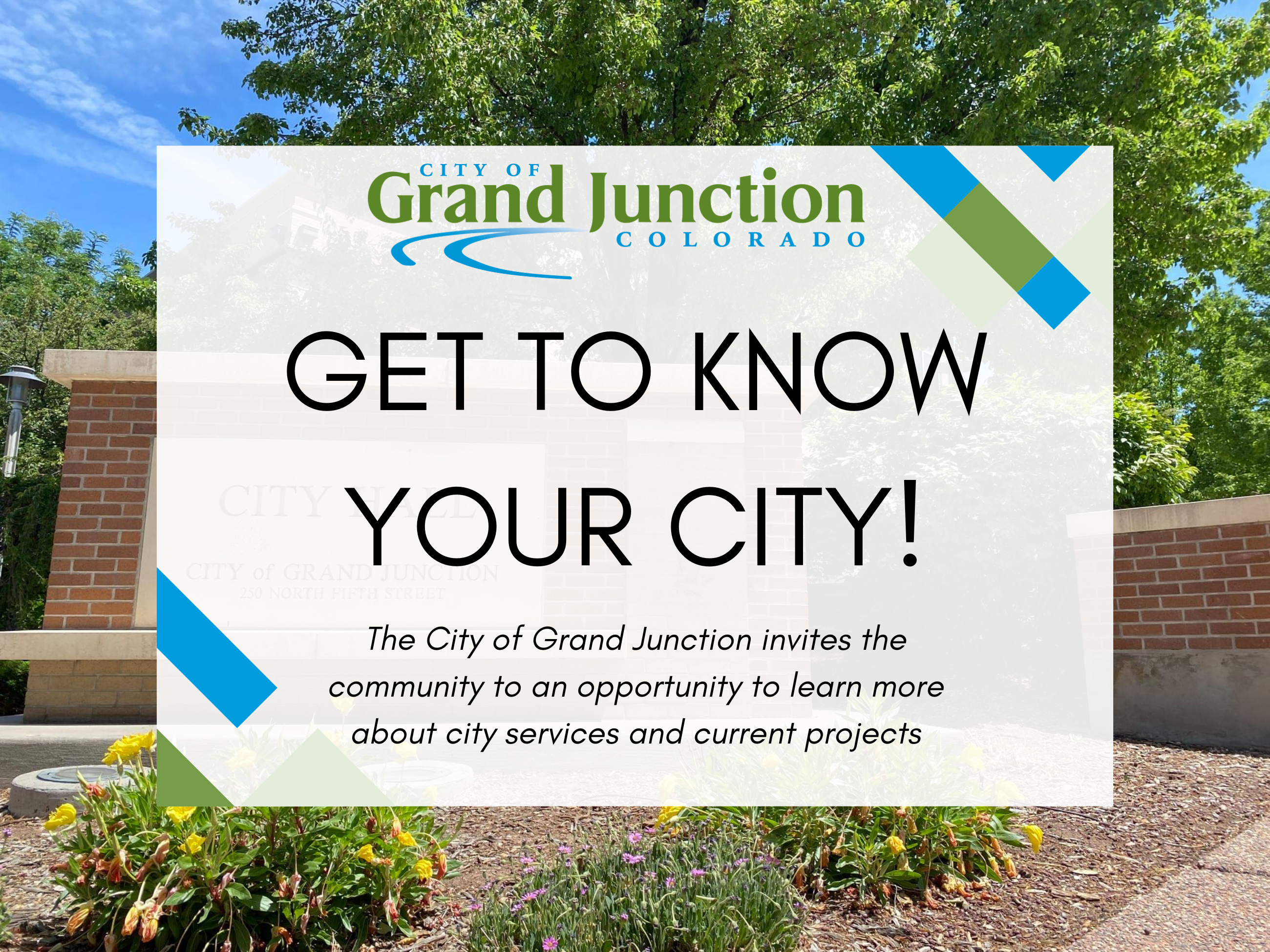 city hall sign with graphic overlay that reads get to know your city