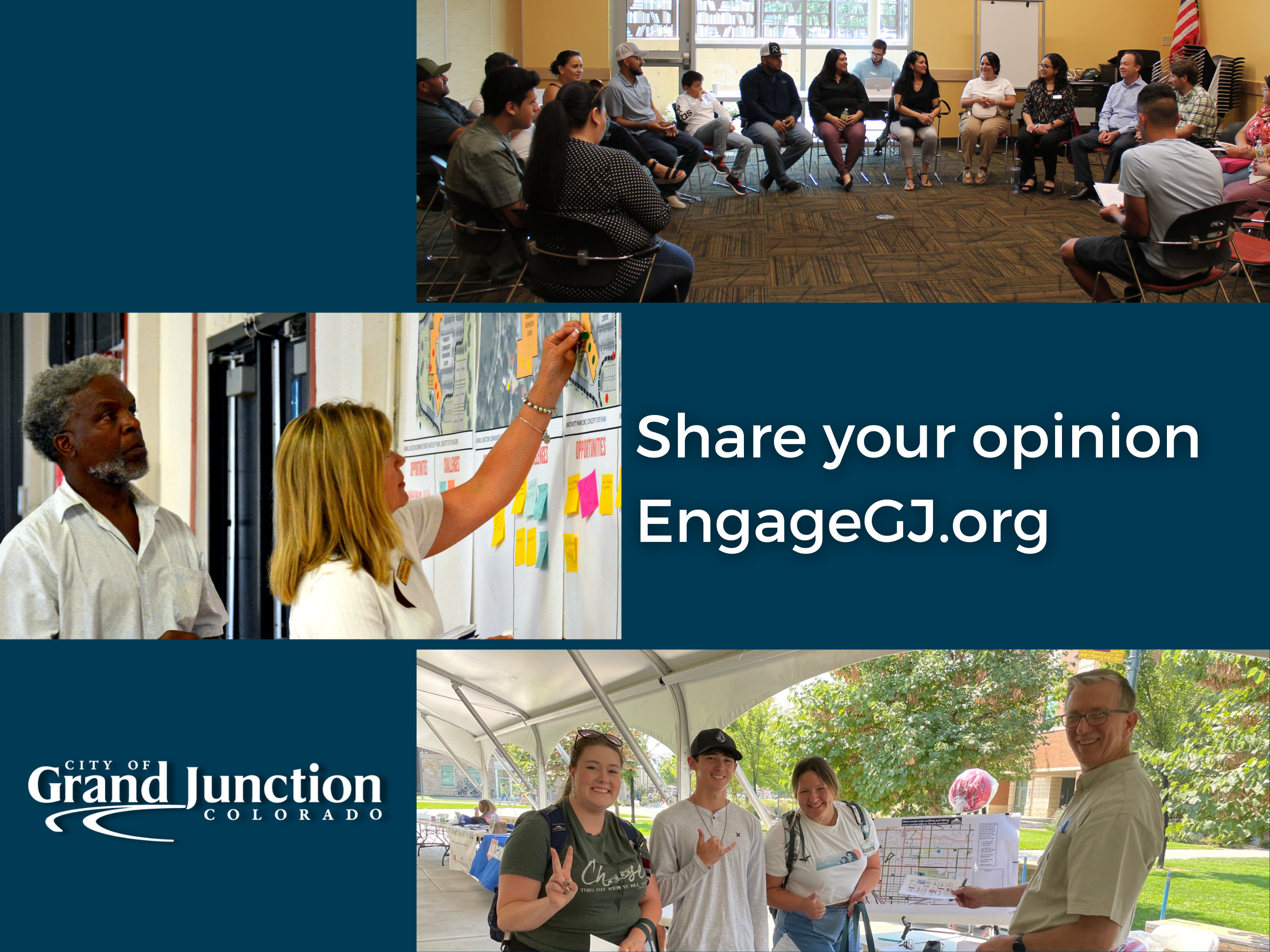 Blue graphic with three photos included and text. White City of Grand Junction logo at the bottom. 