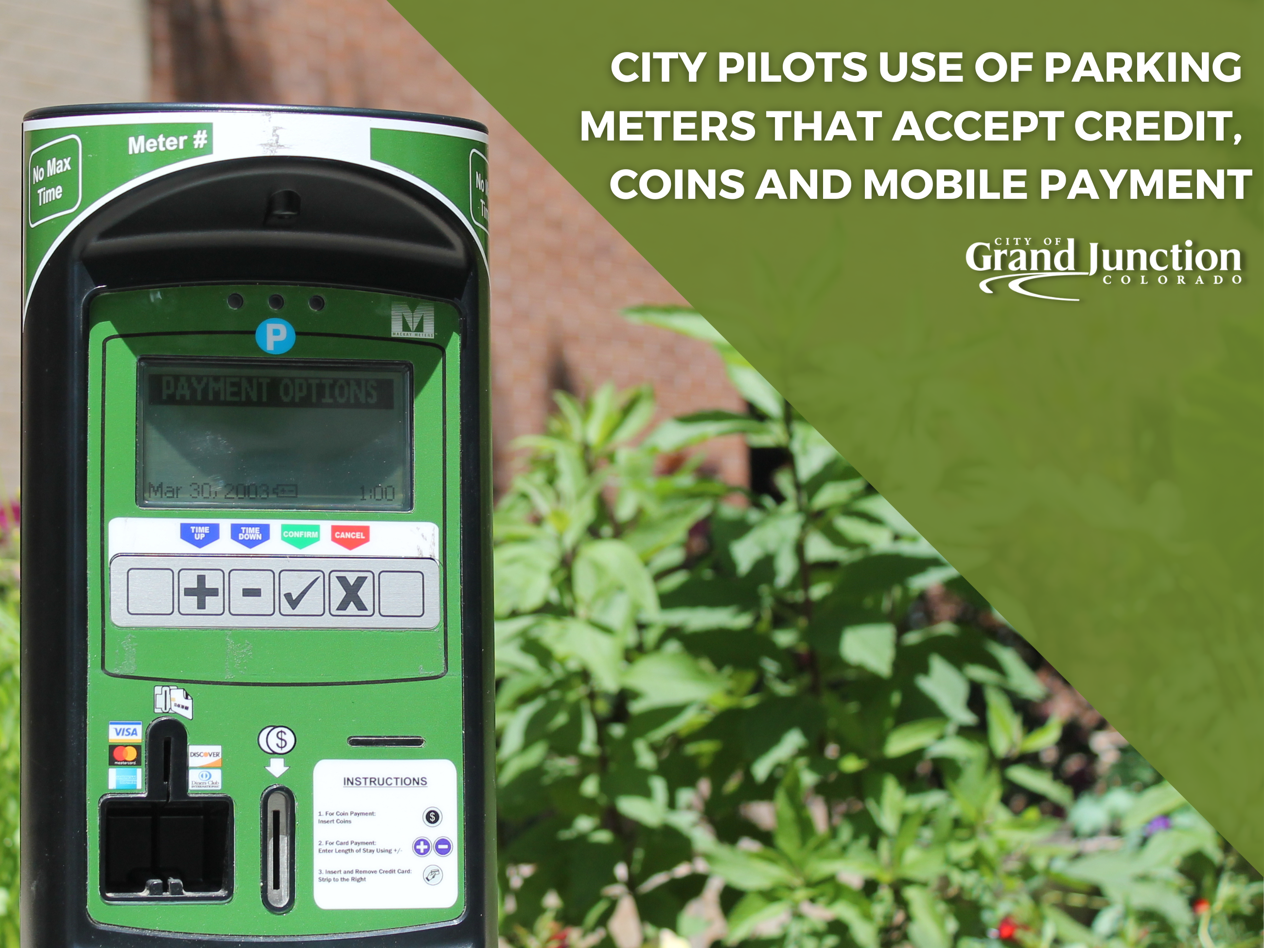 Parking meter outside in front of building with trees. Text included on the graphic. 
