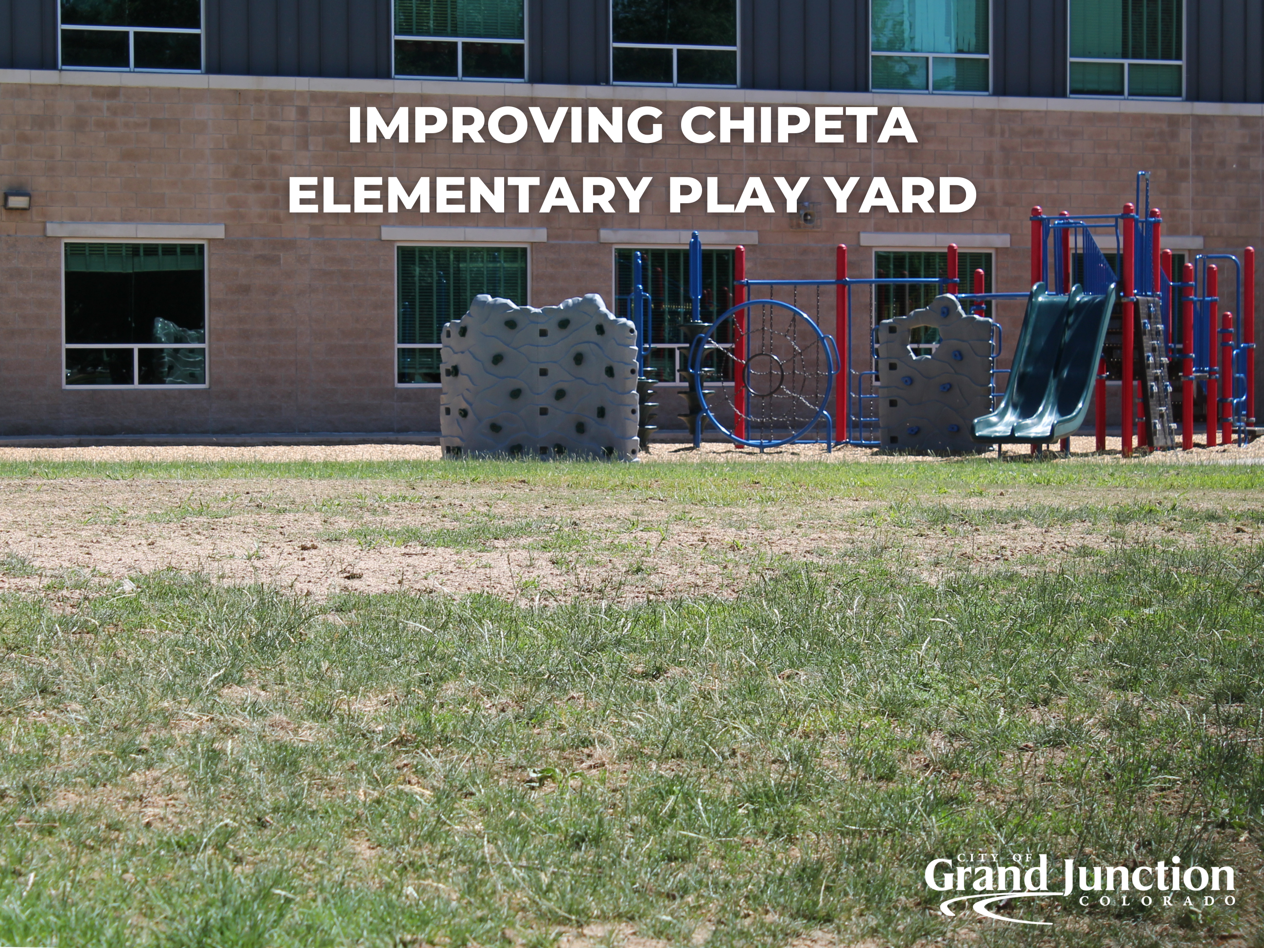 Grass area with play ground equipment in background. Outside. Text on graphic.