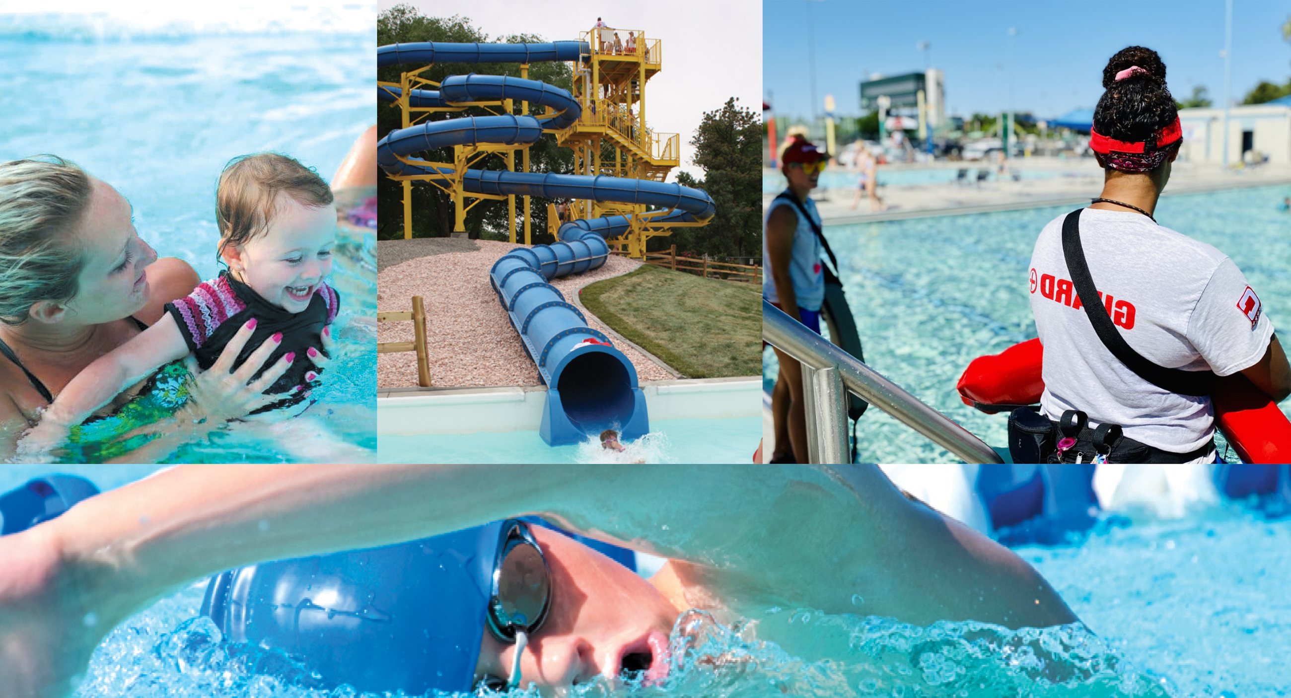 A collage of photos showcasing pools, lifeguards, swim lessons